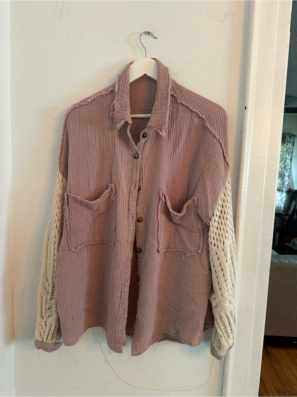 POL Mauve Gauze Crochet Sleeve Shacket Boho Oversized Button Up | Medium - Picture 4 of 8